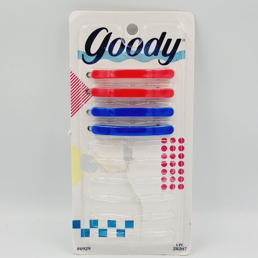 1989 Vintage Goody Wire Clasp Barrettes (4) Hair Clips #6929 USA Red Blue Fine